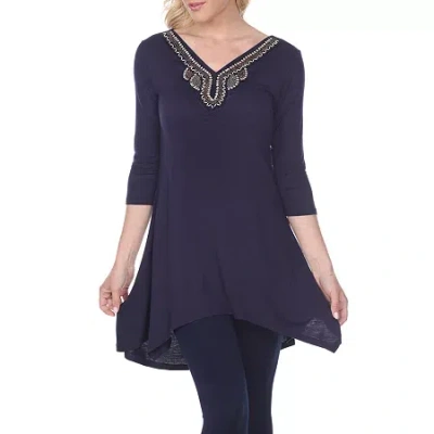 White Mark Tonya Womens V Neck 3/4 Sleeve Embellished Tunic Top In Blue