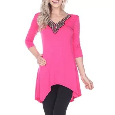 White Mark Tonya Womens V Neck 3/4 Sleeve Embellished Tunic Top In Pink