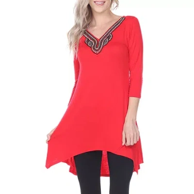 White Mark Tonya Womens V Neck 3/4 Sleeve Embellished Tunic Top In Red