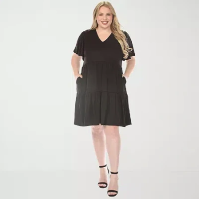 White Mark V-neck Short Sleeve Womens Plus Short Sleeve A-line Dress In Black