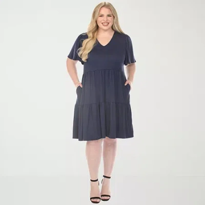 White Mark V-neck Short Sleeve Womens Plus Short Sleeve A-line Dress In Blue