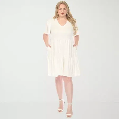 White Mark V-neck Short Sleeve Womens Plus Short Sleeve A-line Dress In White