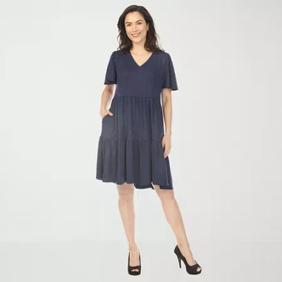 White Mark V-neck Short Sleeve Womens Short Sleeve A-line Dress In Blue