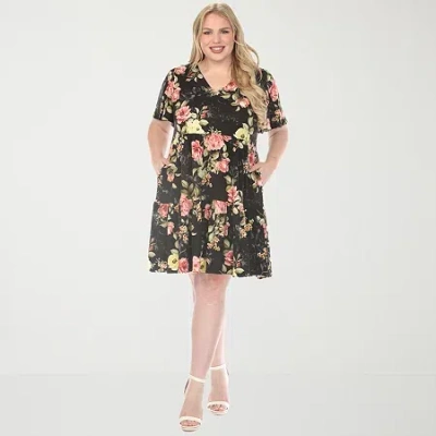 White Mark V-neck Tropical Flower Short Sleeve Womens Plus Short Sleeve Floral A-line Dress In Black