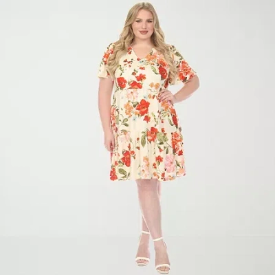 White Mark V-neck Tropical Flower Short Sleeve Womens Plus Short Sleeve Floral A-line Dress In Multi
