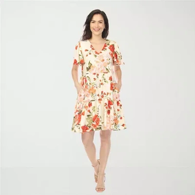 White Mark V-neck Tropical Flower Womens Short Sleeve Floral A-line Dress In Orange