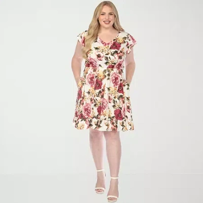 White Mark V-neck Womens Plus Short Sleeve Floral Empire Waist Dress In Neutral