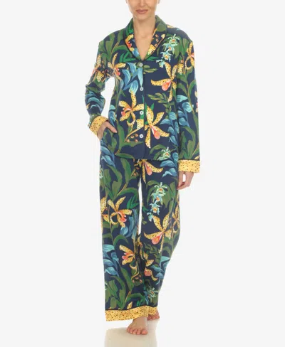 White Mark Women's 2 Pc. Wildflower Print Pajama Set In Navy