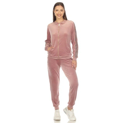 White Mark Women's 2-piece Velour With Faux Leather Stripe Tracksuit In Pink