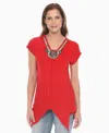 White Mark Women's Beaded Angled Hem Knit Top In Red