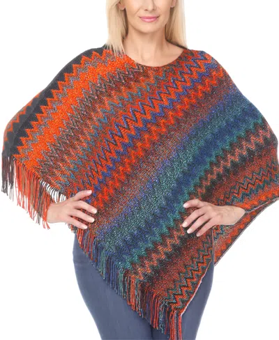 White Mark Women's Chevron Knit Fringed Hem Poncho Sweater In Multi