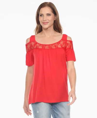 White Mark Women's Cold Shoulder Lace Trim Knit Top