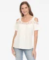 White Mark Women's Cold Shoulder Lace Trim Knit Top In White