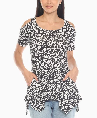 WHITE MARK WOMEN'S COLD SHOULDER LEOPARD PRINT SHORT SLEEVE TOP