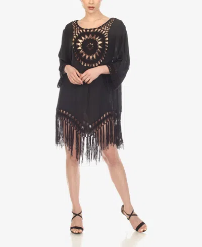 White Mark Women's Crocheted Fringed Trim 3/4 Sleeves Cover Up Dress In Black
