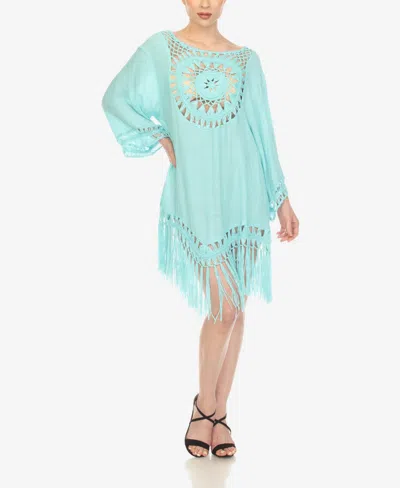White Mark Women's Crocheted Fringed Trim 3/4 Sleeves Cover Up Dress In Mint