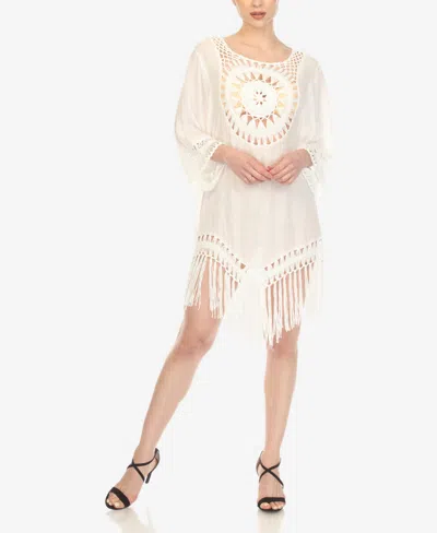 White Mark Women's Crocheted Fringed Trim 3/4 Sleeves Cover Up Dress In White