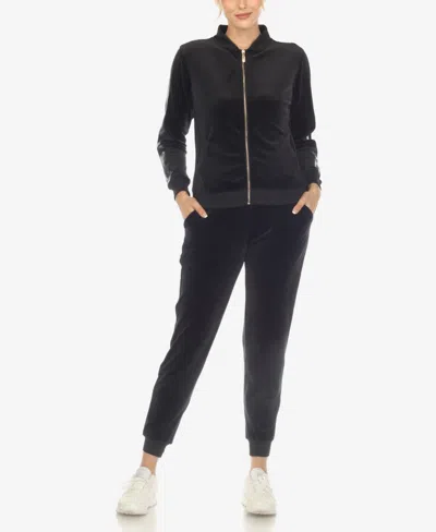 White Mark Women's Faux Leather Stripe Velour 2 Piece Tracksuit Set In Black
