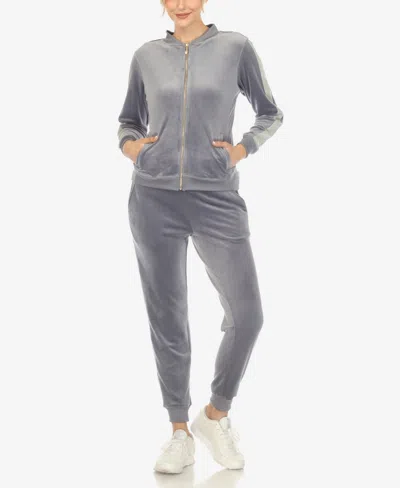 White Mark Women's Faux Leather Stripe Velour 2 Piece Tracksuit Set In Charcoal