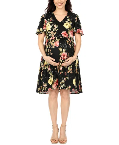 White Mark Plus Size Floral Print Short-sleeve V-neck Maternity Dress In Black