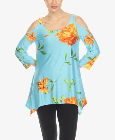 White Mark Women's Floral Printed Cold Shoulder Tunic Top In Blue