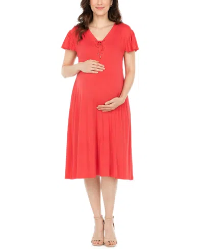 White Mark Women's Flutter-sleeve Tie-neck Maternity Dress In Red
