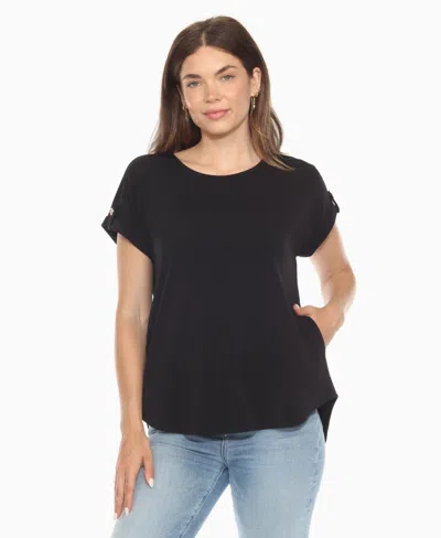 White Mark Women's Folded Short Sleeve Solid Top In Black
