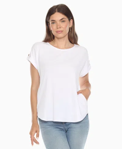White Mark Women's Folded Short Sleeve Solid Top In White