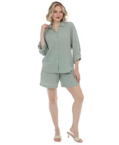 White Mark Women's Gauze Button-front Shirt Shorts Set In Blue