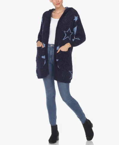 White Mark Plus Size Hooded Open Front Sherpa Sweater In Navy,light Blue Stars