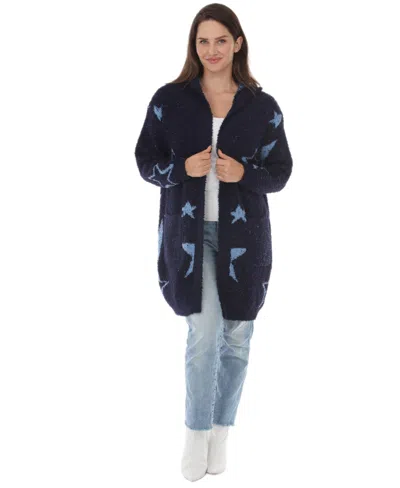 White Mark Women's Hooded Star-print Wool Cardigan In Blue