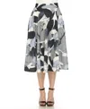White Mark Women's Leaf Print Vintage Flared Midi Skirt In Navy
