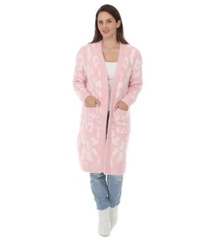 White Mark Women's Leopard-print Sherpa Open-front Cardigan In Pink
