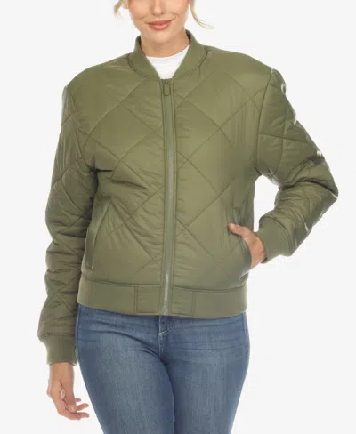 White Mark Women's Lightweight Diamond Quilted Puffer Bomber Jacket In Olive