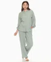 White Mark Women's Long Sleeve Button Down Cotton Gauze Set In Green