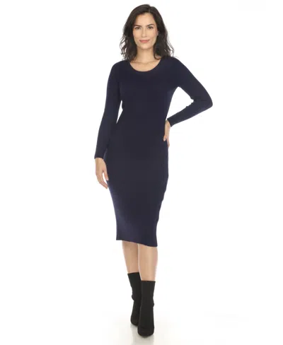 White Mark Women's Long Sleeve Rib Midi Sweater Dress In Navy