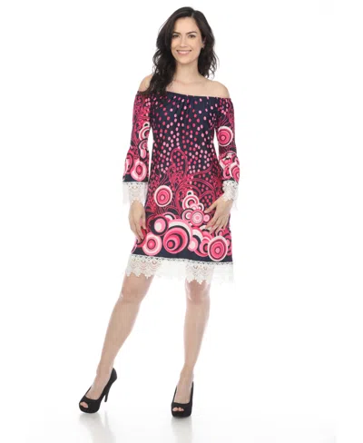 White Mark Women's Off-the-shoulder Printed Bell-sleeve Lace Hem Dress In Pink