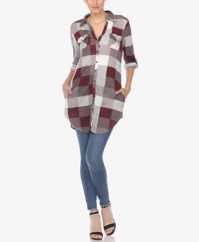 White Mark Women's Plaid Tunic Shirt In Burgundy And White