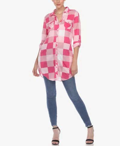 White Mark Women's Plaid Tunic Shirt In Pink And White
