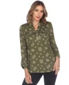 White Mark Plus Size Printed Long-sleeve Button-front Top In Green