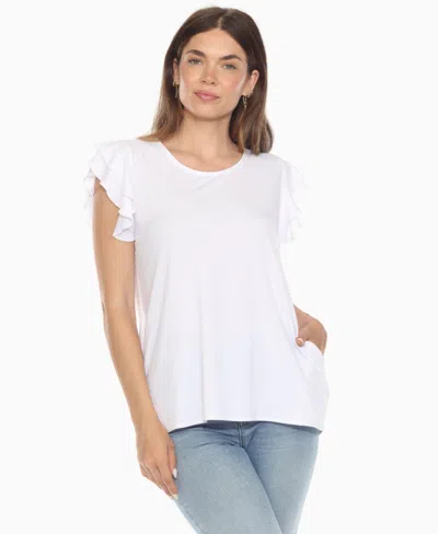 White Mark Women's Ruffle Sleeve Solid Top In White