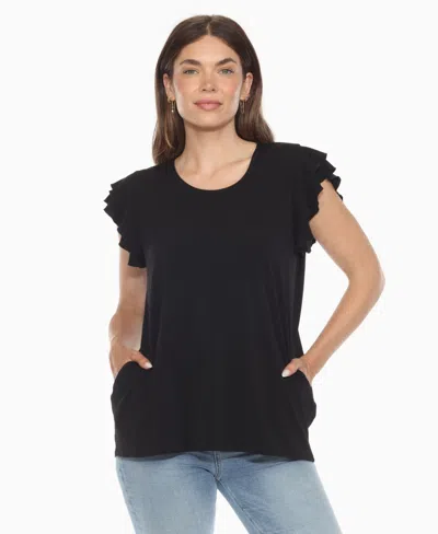 White Mark Women's Ruffle Sleeve Solid Top In Black