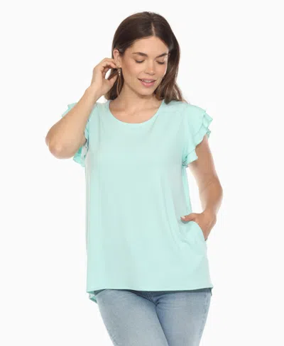 White Mark Women's Ruffle Sleeve Solid Top In Blue