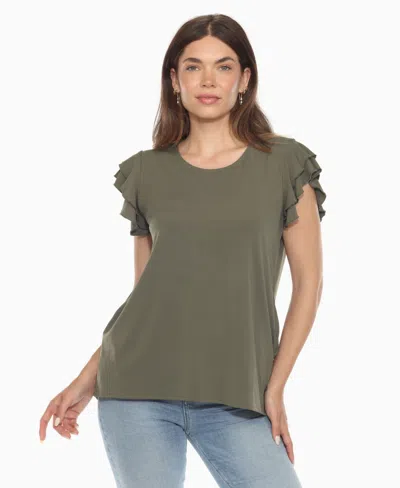 White Mark Women's Ruffle Sleeve Solid Top In Green