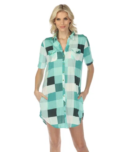 White Mark Women's Short Sleeve Plaid Button-down Shirt Dress In Green