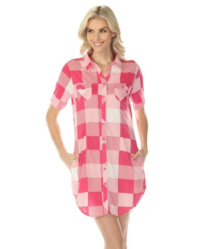 White Mark Women's Short Sleeve Plaid Button-down Shirt Dress In Pink