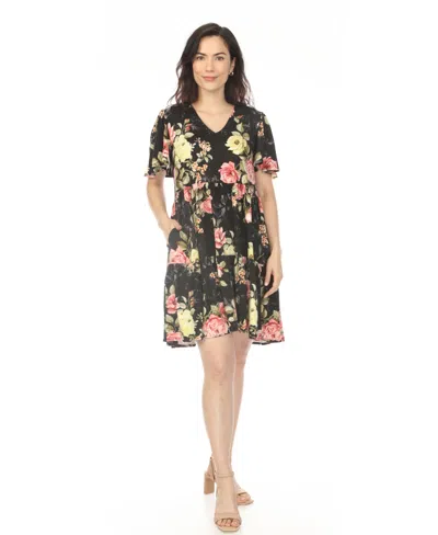 White Mark Women's V-neck Tropical Flower Short Sleeve Dress In Multi