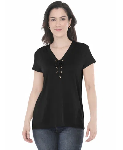 White Mark Women's V-neck Front-tie Pullover Top In Black
