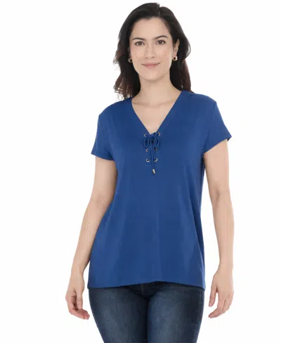 White Mark Women's V-neck Front-tie Pullover Top In Blue