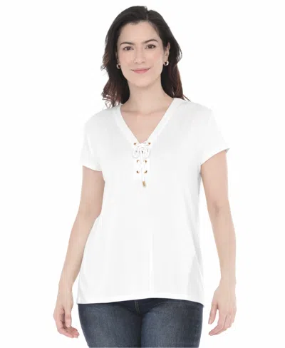 White Mark Women's V-neck Front-tie Pullover Top In White